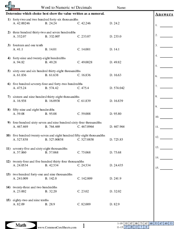5.nbt.3a Worksheets - Decimals (Up to Thousandths) worksheet